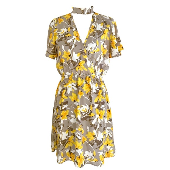 Floral Choker Collar Surplice V Elastic Waist Day Dress Peach Love S Grey Yellow - Picture 2 of 16